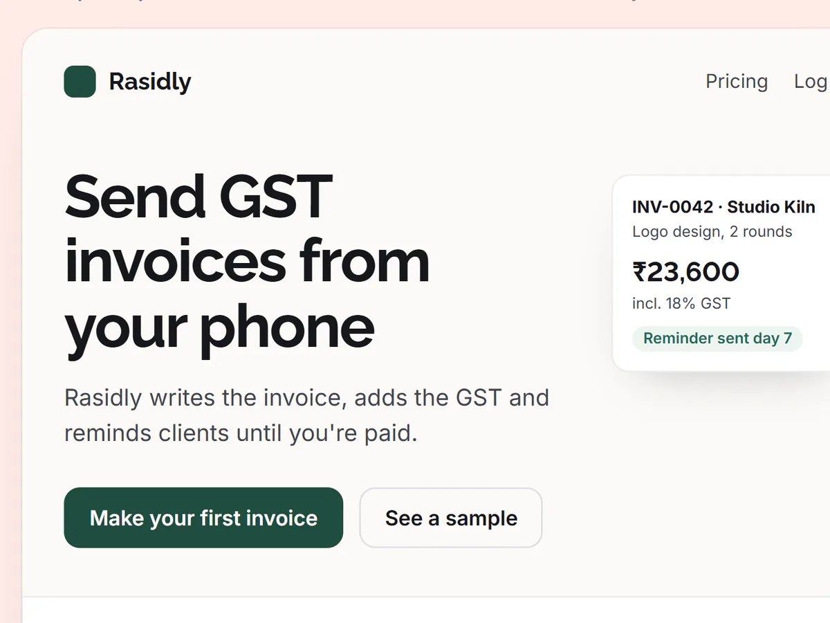 Example output: a landing page hero for an invoicing app using the chosen headline, “Send GST invoices from your phone”, above the five headline options the prompt produced.
