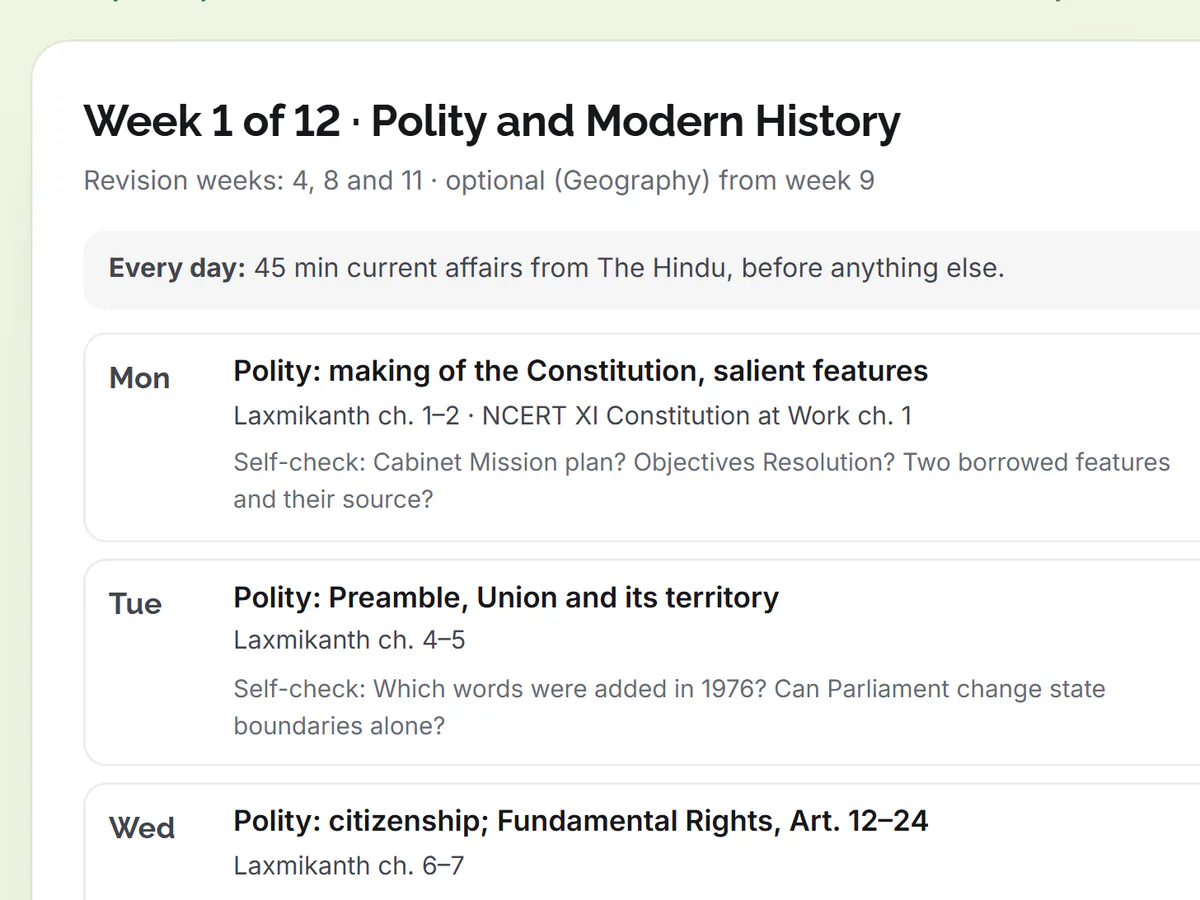 Example output: week 1 of a UPSC prelims plan as a calendar, Monday to Sunday, with topic, source and a self-check per day and a mock test on Sunday.